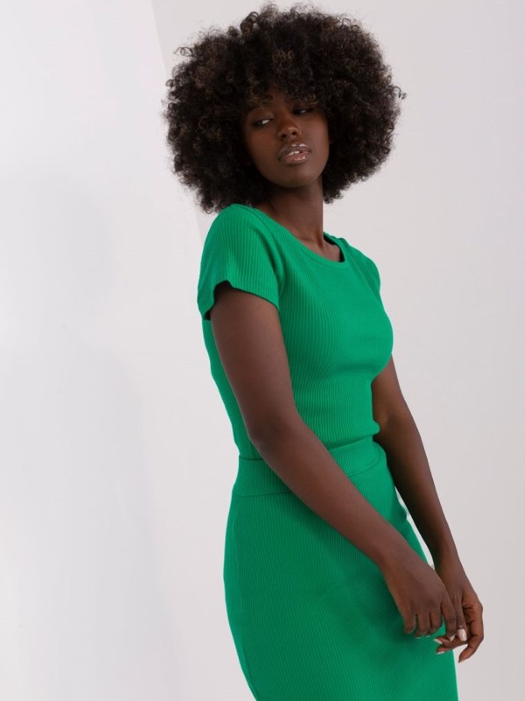 Bluzka damska z krótkim rękawem, prążkowana, zielona, Relevance