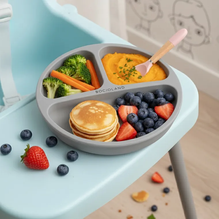 Bocioland, silikonowy talerzyk z przyssawkami i przegródkami, jasny szary