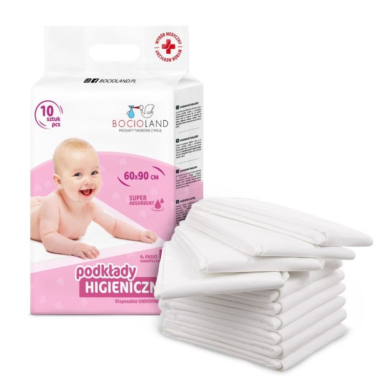 Bocioland, wielofunkcyjne podkłady higieniczne z przylepcem, jednorazowe, 90-60 cm, 10 szt.