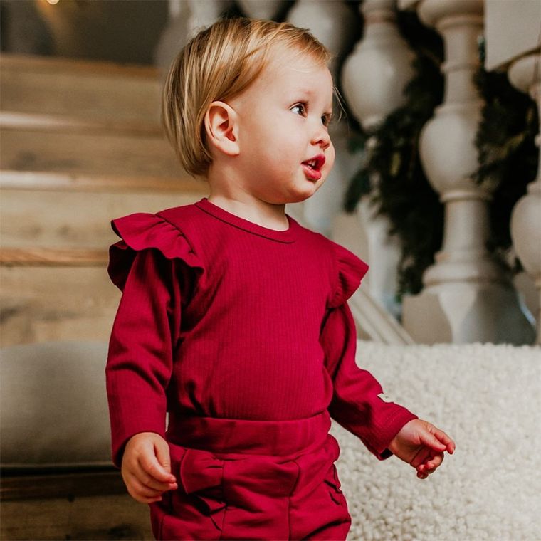 Body dziewczęce z długim rękawem, bordowe, falbanki, Eevi