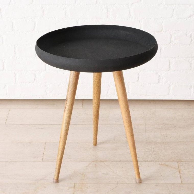 Boltze Home, stoliki kawowe loftowe z czarnym blatem i nogami z drewna mango, Masdour, 3 szt.