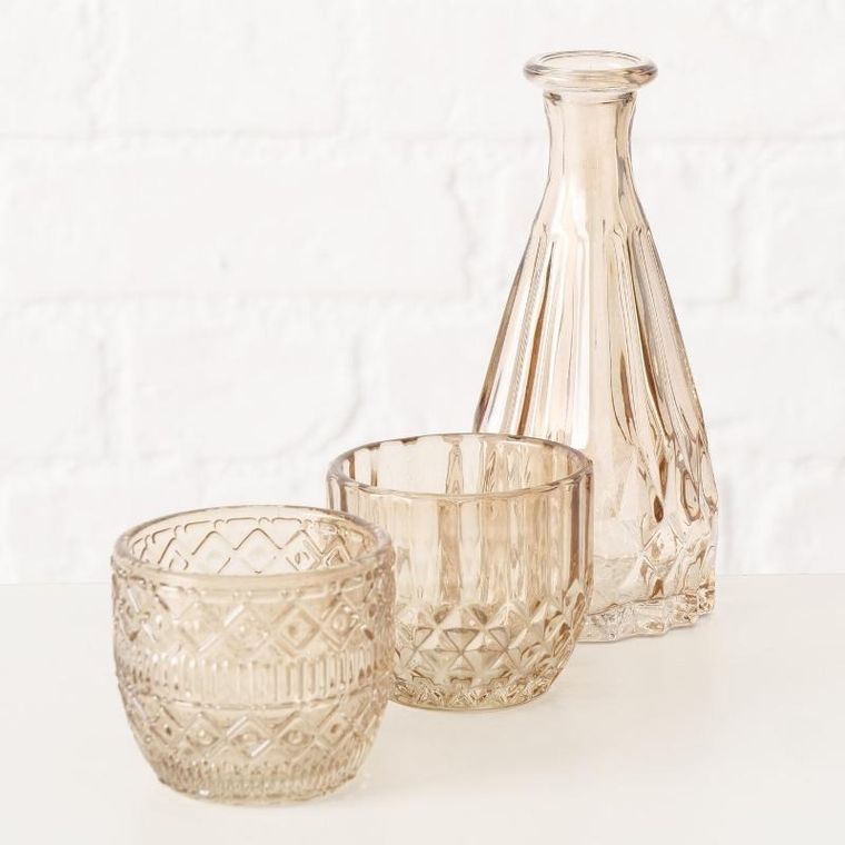 Boltze Home, zestaw szklanych dekoracji, Cherin, świeczniki i wazon