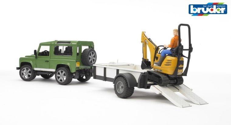 Bruder, Land Rover z przyczepą 1 osiową, mikrokoparką JCB i figurką pracownika budowlanego