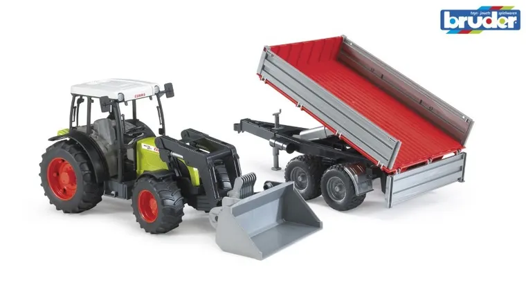 Bruder, traktor Claas Nectis 267F z ładowarką i przyczepą