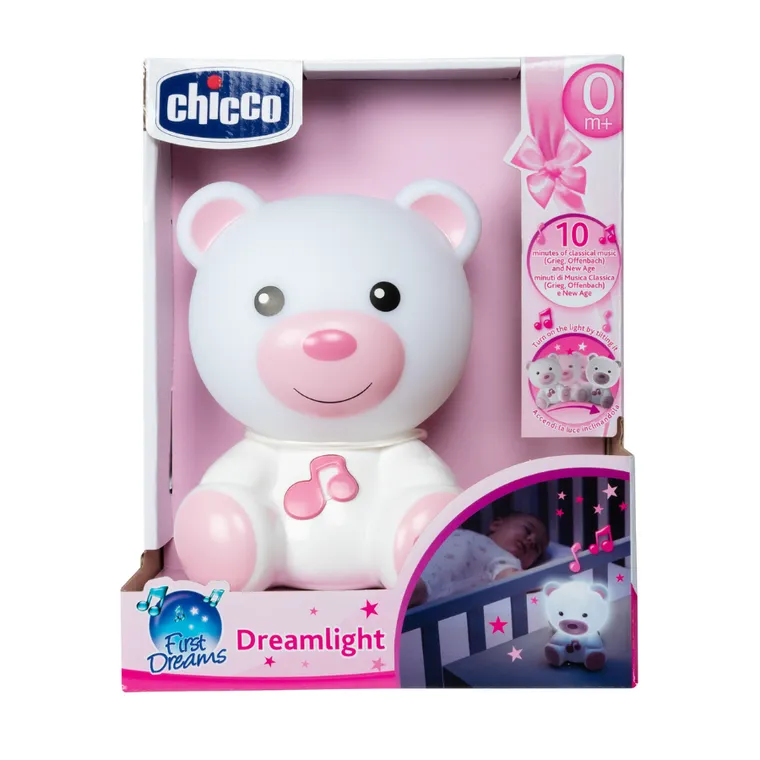 Chicco, First Dreams, lampka nocna Miś, różowa, uspokajacz z dźwiękami