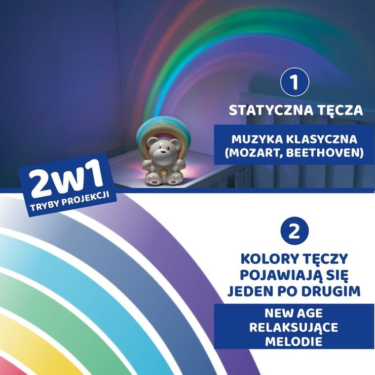 Chicco, First Dreams, Miś Rainbow, projektor z muzyką, uspokajacz, niebieski