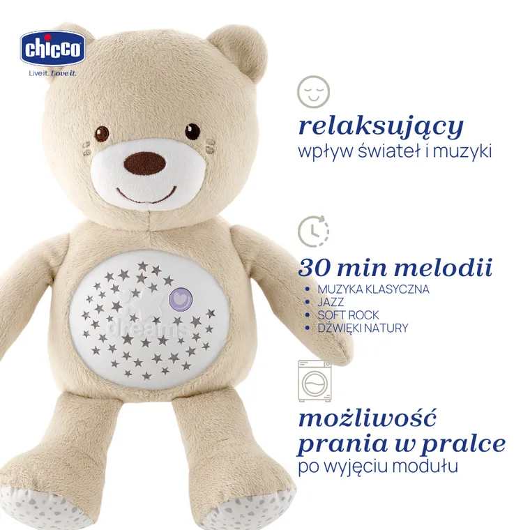 Chicco, First Dreams, Miś z Projektorem, maskotka, uspokajacz z dźwiękami, muzyka klasyczna, beżowy