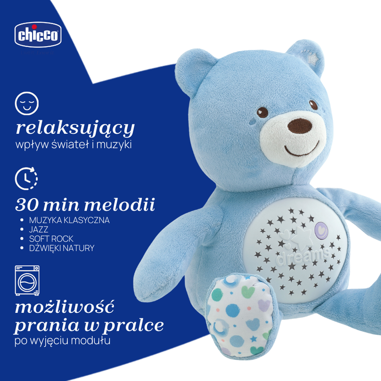 Chicco, First Dreams, Miś z Projektorem, maskotka, uspokajacz z dźwiękami, muzyka klasyczna, niebieski