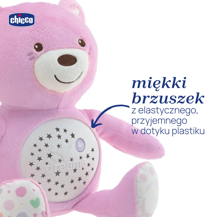 Chicco, First Dreams, Miś z Projektorem, maskotka, uspokajacz z dźwiękami, muzyka klasyczna, różowy