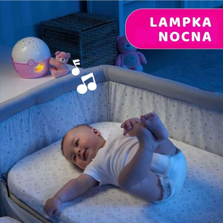 Chicco, First Dreams, Next2stars, projektor na łóżeczko z muzyką klasyczną, uspokajacz, czujnik płaczu, różowy