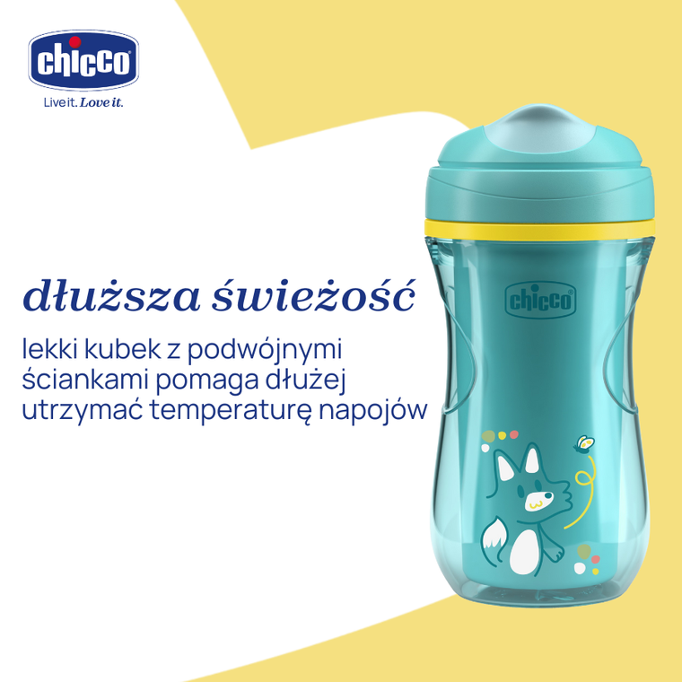 Chicco, kubek treningowy, niekapek, termiczny z twardym ustnikiem, turkusowy, 14m+, 266 ml