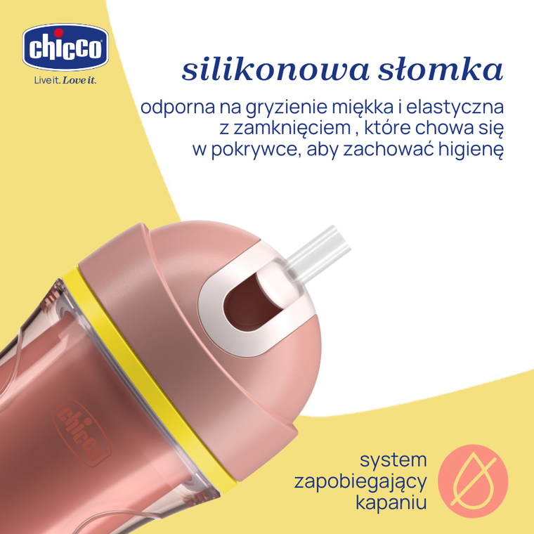 Chicco, kubek treningowy, niekapek, termiczny ze słomką, brzoskwiniowy,14m+, 266 ml