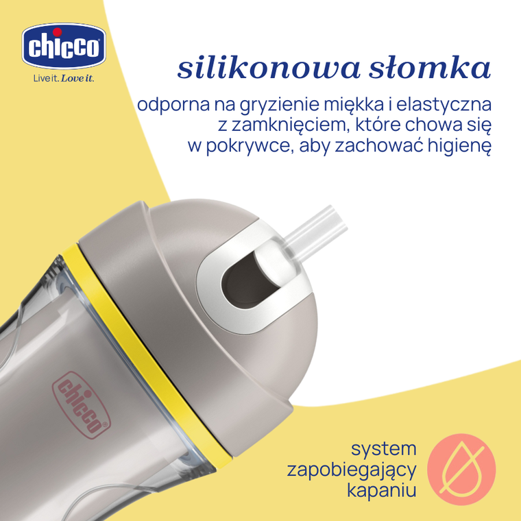 Chicco, kubek treningowy, niekapek, termiczny ze słomką, szary, 14m+, 266 ml