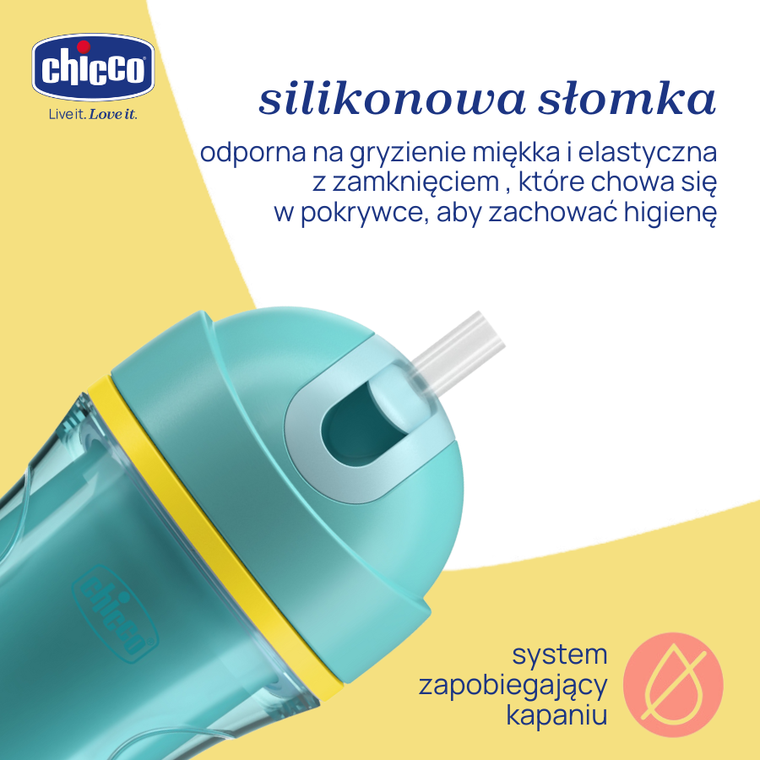 Chicco, kubek treningowy, niekapek, termiczny ze słomką, turkusowy, 14m+, 266 ml