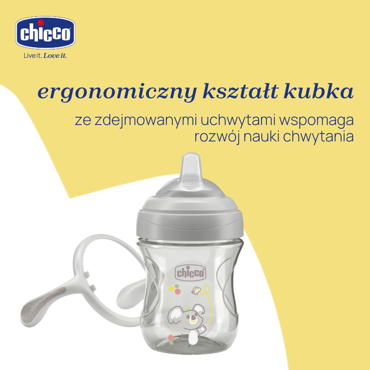 Chicco, kubek treningowy, niekapek z miękkim ustnikiem, szary, 4m+, 200 ml