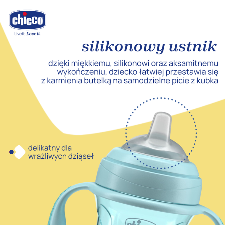 Chicco, kubek treningowy, niekapek z miękkim ustnikiem, turkusowy, 4m+, 200 ml