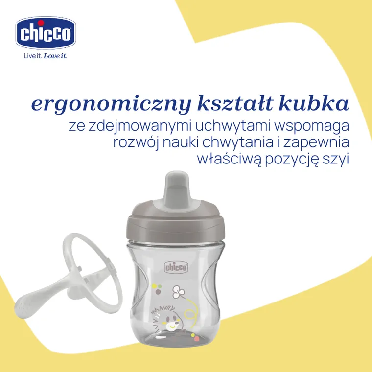 Chicco, kubek treningowy, niekapek z twardym ustnikiem, szary, 6m+, 200 ml