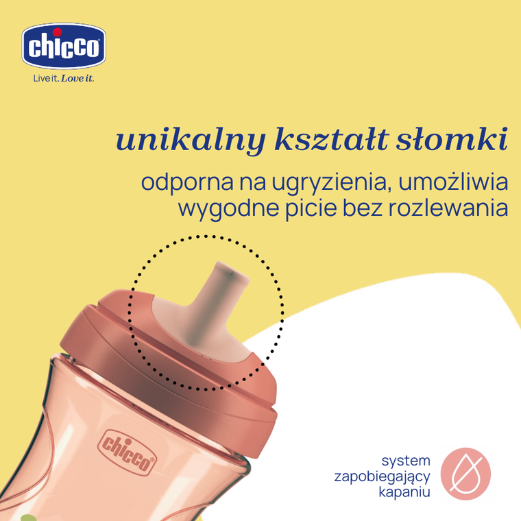 Chicco, kubek treningowy, niekapek z ustnikiem w kształcie słomki, brzoskwiniowy 12m+, 266 ml