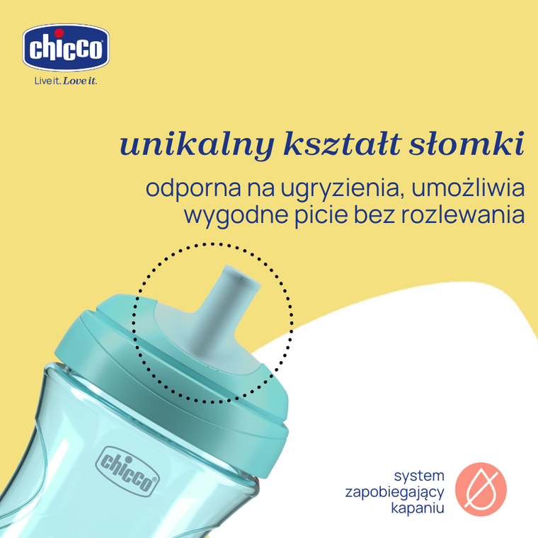 Chicco, kubek treningowy, niekapek z ustnikiem w kształcie słomki, turkusowy 12m+, 266 ml