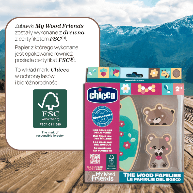 Chicco, My Wood Friends, Zestaw Mama, drewniane figurki niedźwiadków, 2 szt.