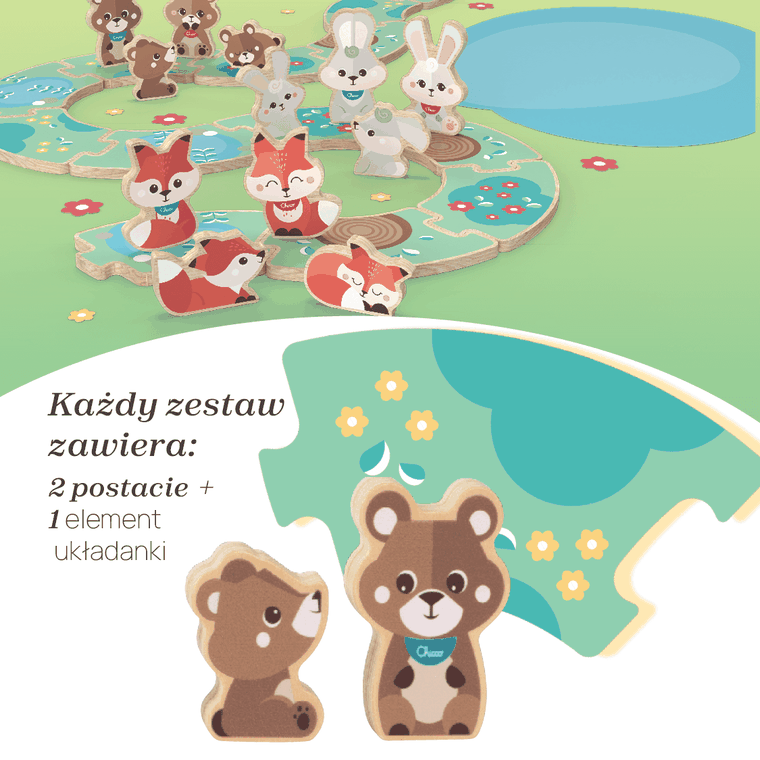 Chicco, My Wood Friends, Zestaw Tata, drewniane figurki niedźwiadków, 2 szt.