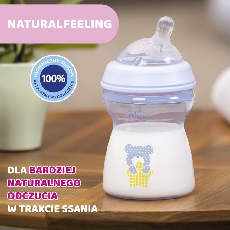 Chicco, NaturalFeeling, butelka plastikowa, przepływ średni, niebieska, 2m+, 250 ml