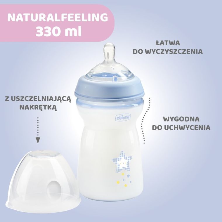 Chicco, NaturalFeeling, butelka plastikowa, przepływ średni, niebieska, 6m+, 330 ml