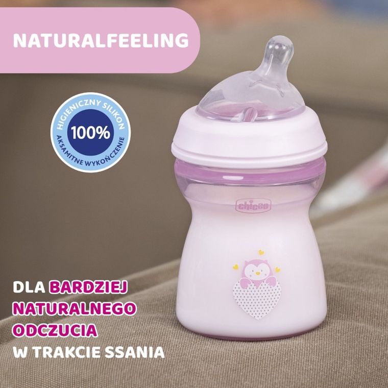Chicco, NaturalFeeling, butelka plastikowa, przepływ średni, różowa, 2m+, 250 ml