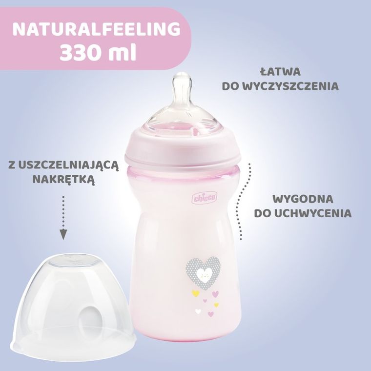 Chicco, NaturalFeeling, butelka plastikowa, przepływ średni, różowa, 6m+, 330 ml