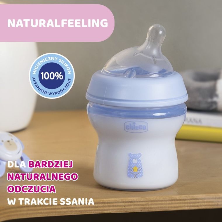 Chicco, NaturalFeeling, butelka plastikowa, przepływ wolny, niebieska, 0m+, 150 ml