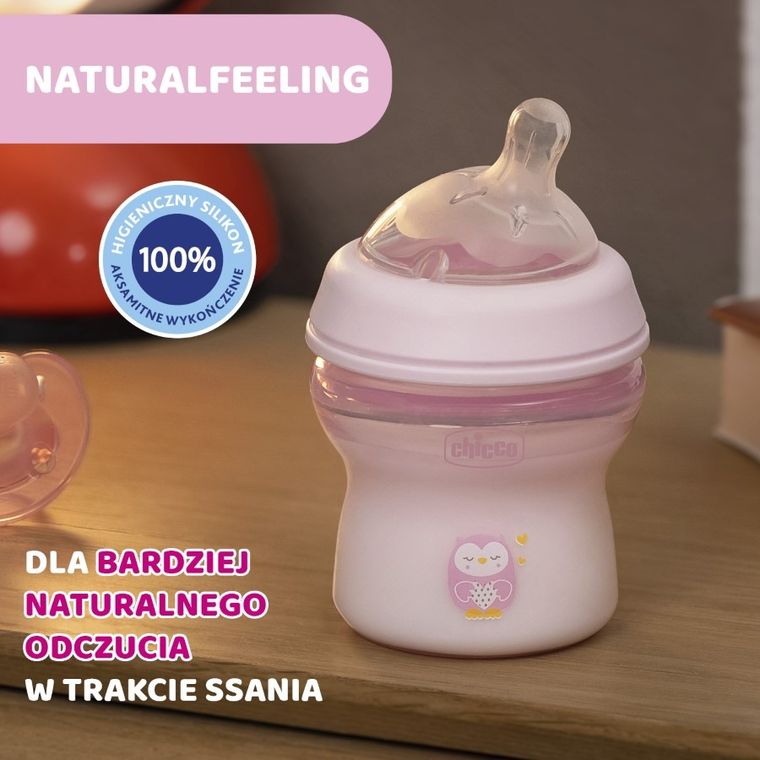 Chicco, NaturalFeeling, butelka plastikowa, przepływ wolny, różowa, 0m+, 150 ml