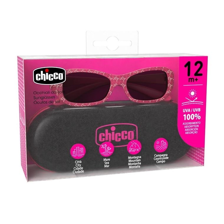 Chicco, okulary przeciwsłoneczne + etui, 12m+, różowe