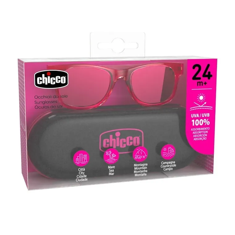 Chicco, okulary przeciwsłoneczne + etui, 24m+, różowe