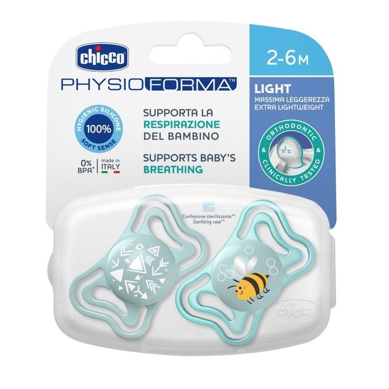 Chicco, Physioforma Light, smoczek uspokajający, silikonowy, niebieski, 2-6 m, 2 szt.