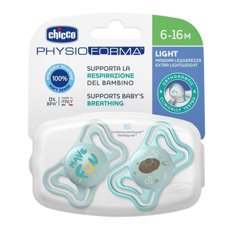 Chicco, Physioforma Light, smoczek uspokajający, silikonowy, niebieski, 6-16 m, 2 szt.