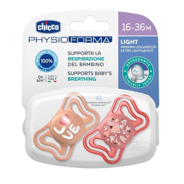 Chicco, Physioforma Light, smoczek uspokajający, silikonowy, różowy, 16-36 m, 2 szt.