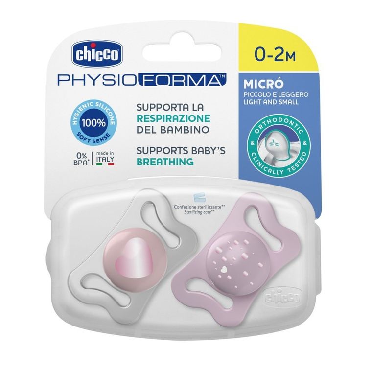 Chicco, Physioforma Micro, smoczek uspokajający, silikonowy, różowy, 0-2 m, 2 szt.