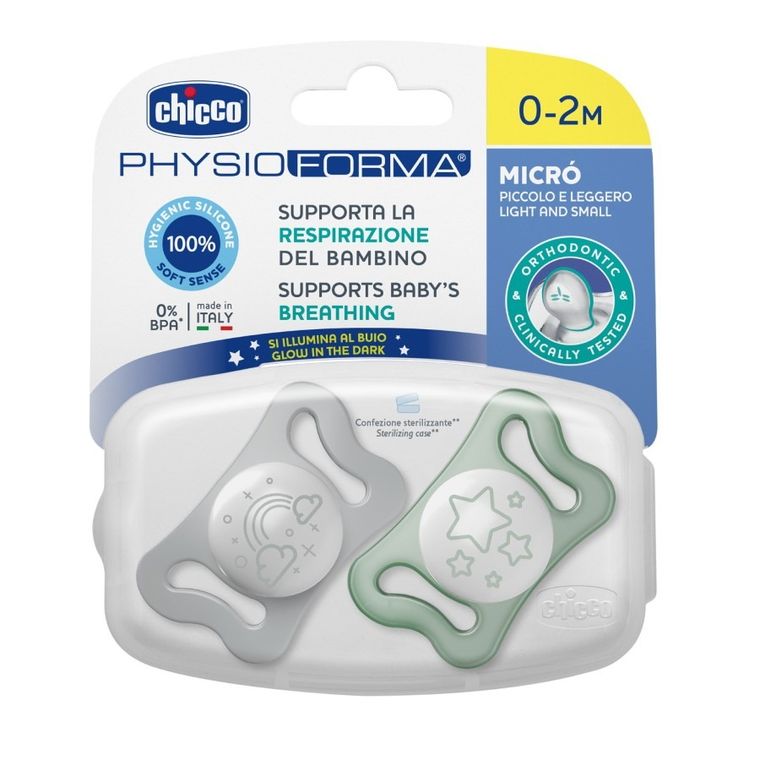 Chicco, Physioforma Micro, smoczek uspokajający, silikonowy, świecący, 0-2 m, 2 szt.