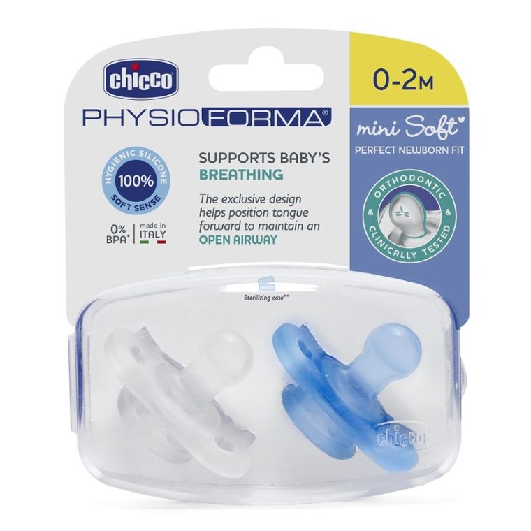 Chicco, PhysioForma Mini Soft, smoczek uspokajający, silikonowy, niebieski, 0-2m, 2 szt.