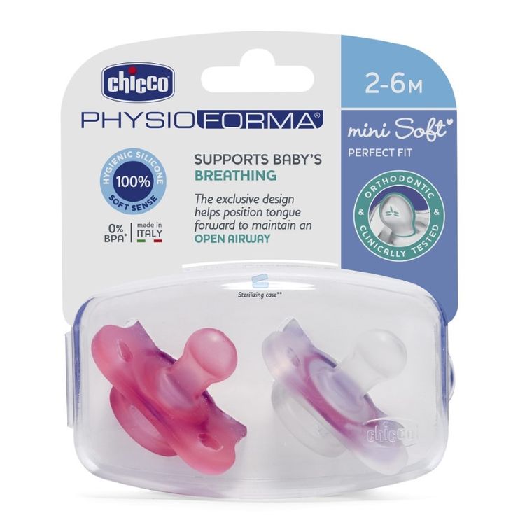 Chicco, PhysioForma Mini Soft, smoczek uspokajający, silikonowy, różowy, 2-6m, 2 szt.