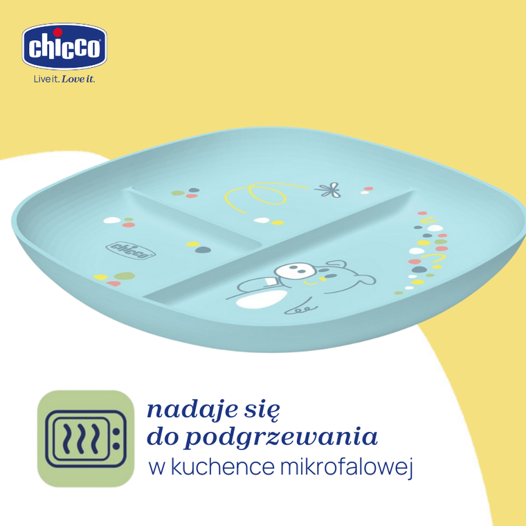 Chicco, talerz 3-dzielny, niebieski, 12m+