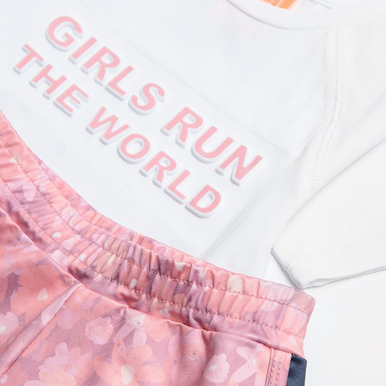 Cool Club, Komplet dziewczęcy, T-shirt, Szorty, Worek, biało-różowy
