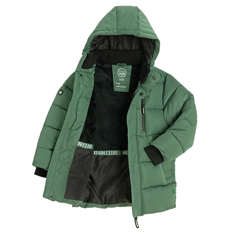 Cool Club, Płaszcz chłopięcy z kapturem, ocieplany, zielony