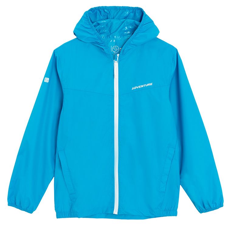 Cool Club, Przeciwdeszczowa kurtka chłopięca z kapturem, składana do kieszeni, niebieska
