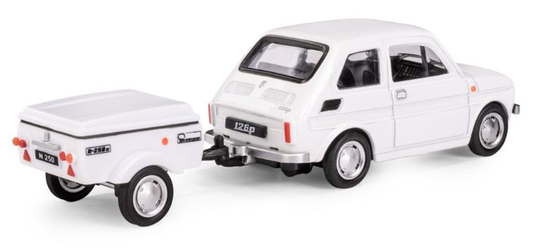 Daffi, Niewiadów, Fiat 126p z krótką przyczepką, pojazd, model metalowy, 1:43, biały