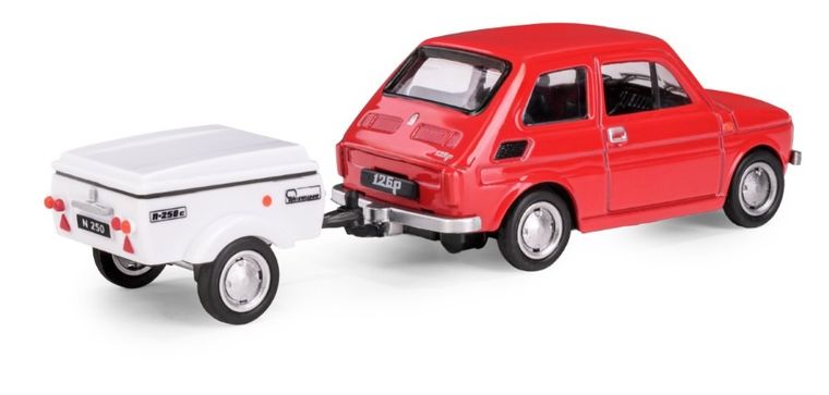 Daffi, Niewiadów, Fiat 126p z krótką przyczepką, pojazd, model metalowy, 1:43, czerwony