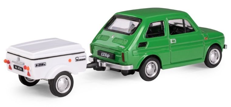 Daffi, Niewiadów, Fiat 126p z krótką przyczepką, pojazd, model metalowy, 1:43, zielony