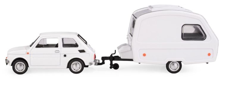 Daffi, Niewiadów, Fiat 126p z przyczepą kempingową, pojazd, model metalowy, 1:43, biały