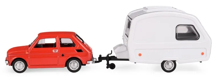 Daffi, Niewiadów, Fiat 126p z przyczepą kempingową, pojazd, model metalowy, czerwony, 1:43