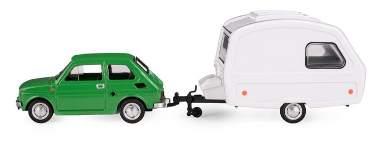Daffi, Niewiadów, Fiat 126p z przyczepą kempingową, pojazd, model metalowy, zielony, 1:43